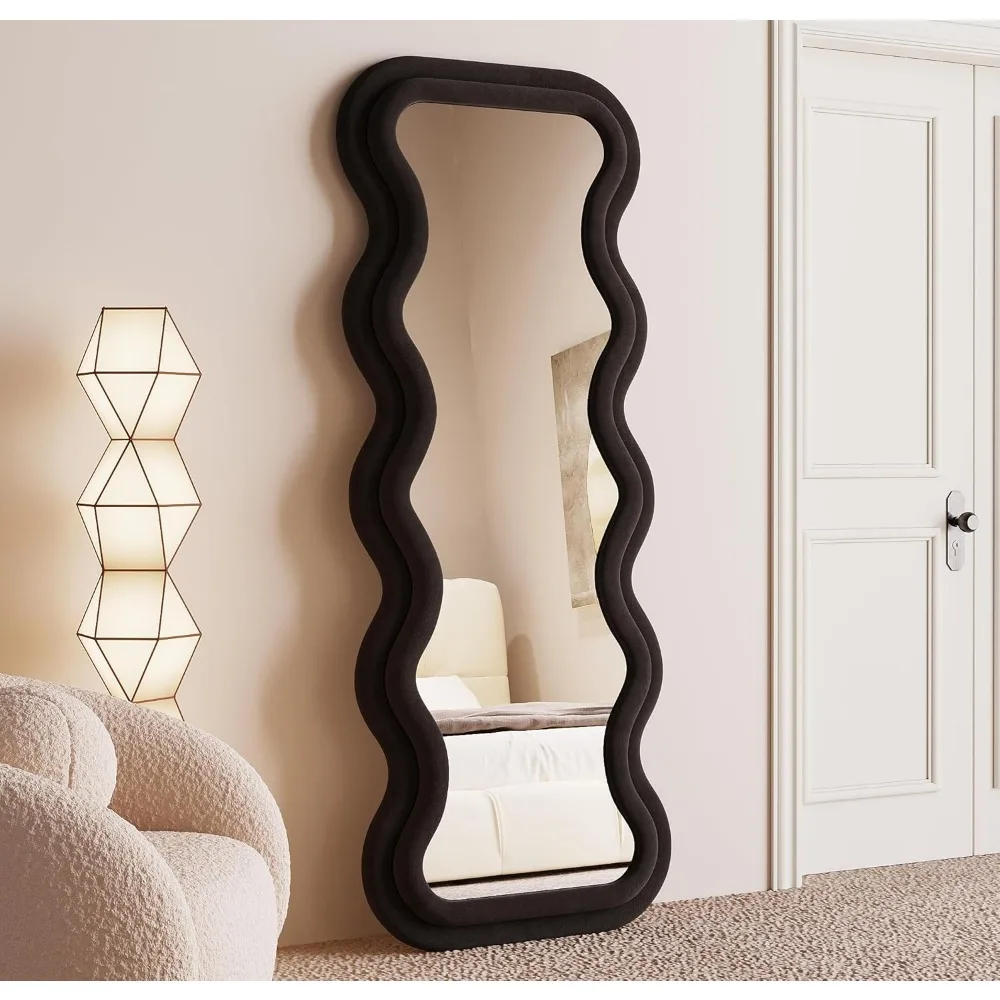 Full Length 63 x 24 Wall Mirror - Flannel Wrapped Wooden Frame Floor Leaning Mirror with Irregular Wavy Design