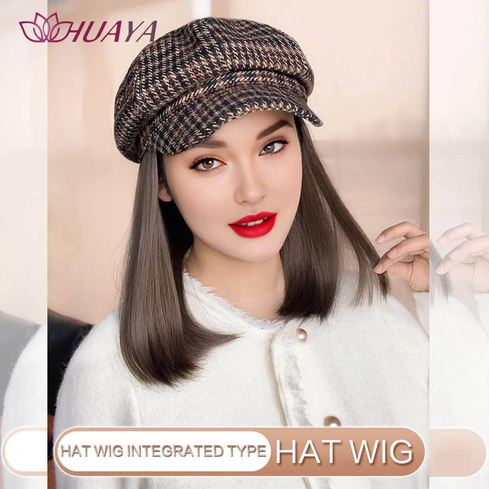 HUAYA Straight Hair Hat Wig Integrated Style Medium Length Hair Beret Autumn And Winter Knitted Hat Synthetic Wig Women