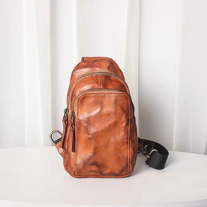 AETOO Top-grain cowhide hand-painted retro and fashionable chest bag, genuine leather men's and women's mobile phone bag, single