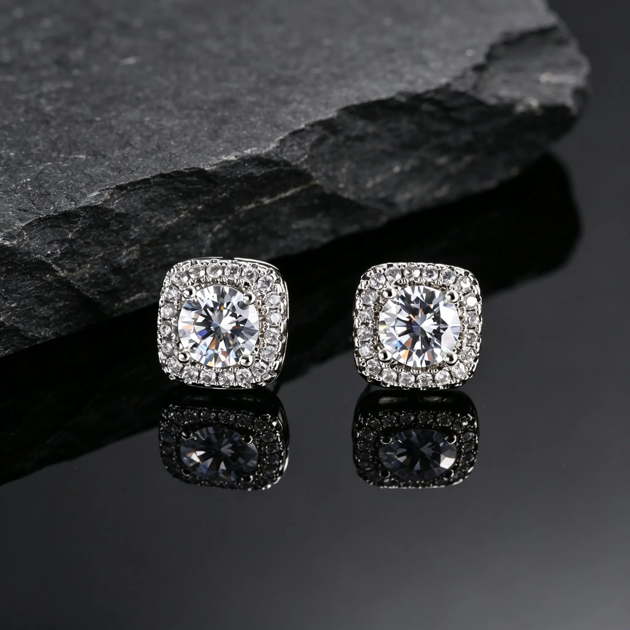 Luxuriöse weiße blaue Stein-Ohrstecker für Männer und Frauen, silberfarbene quadratische Kristall-Ohrringe, Hochzeits-Vintage-Schmuck – Detail 3
