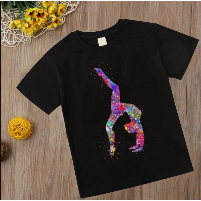 Watercolor Gymnastics T Shirt 2023 Kids Girl Tshirt Gymnastics Art Top Tee Fashion Children ClothesBlack T-shirts Clothes Tee