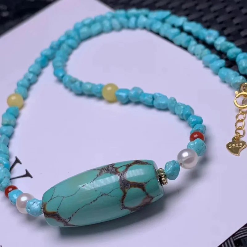 Original Design of Raw Ore Turquoise Diy Shape Barrel Beads Clavicle Chain with Pearl South Red Beeswax Embellishment