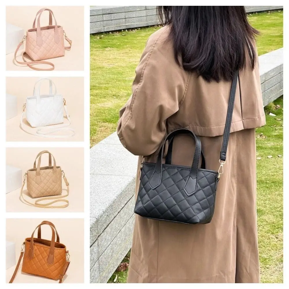 

New Lattice Crossbody Bucket Bag Large Capacity PU Leather Travel Handbag Zipper Solid Color Messenger Phone Bag