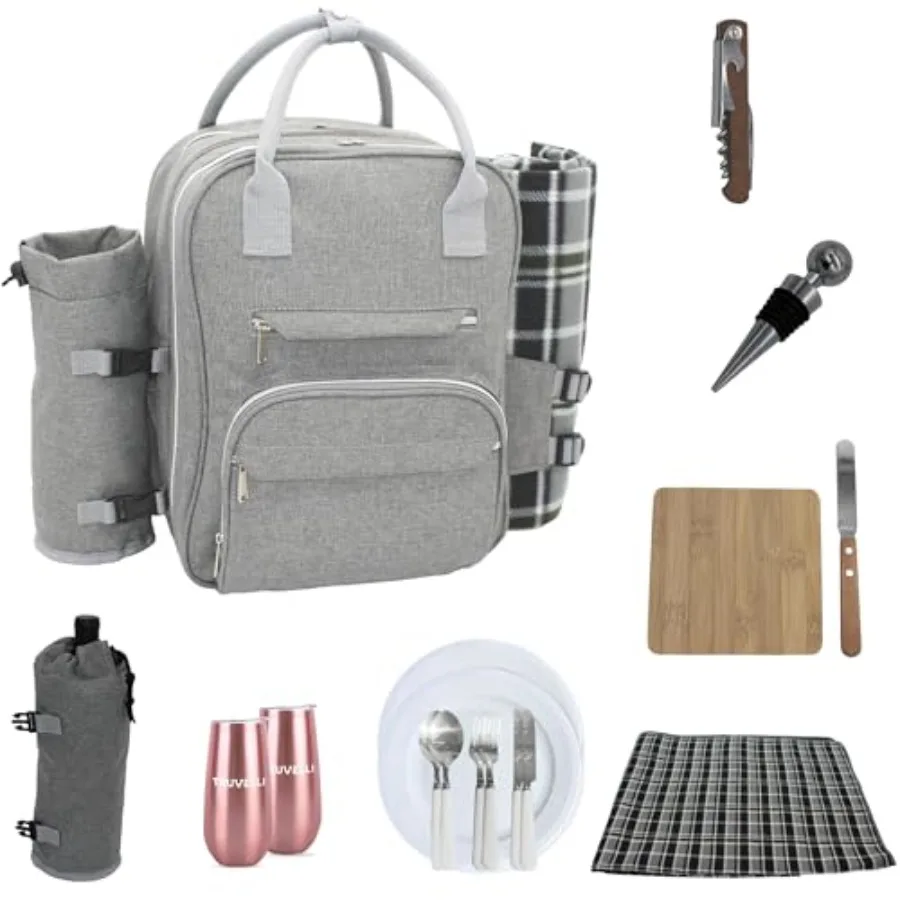 

Truvelli Picnic Backpack for 2 with Blanket 12-in-1 Insulated Picnic Basket Backpack Set with Wine Holder Cutlery and Cheese Bo