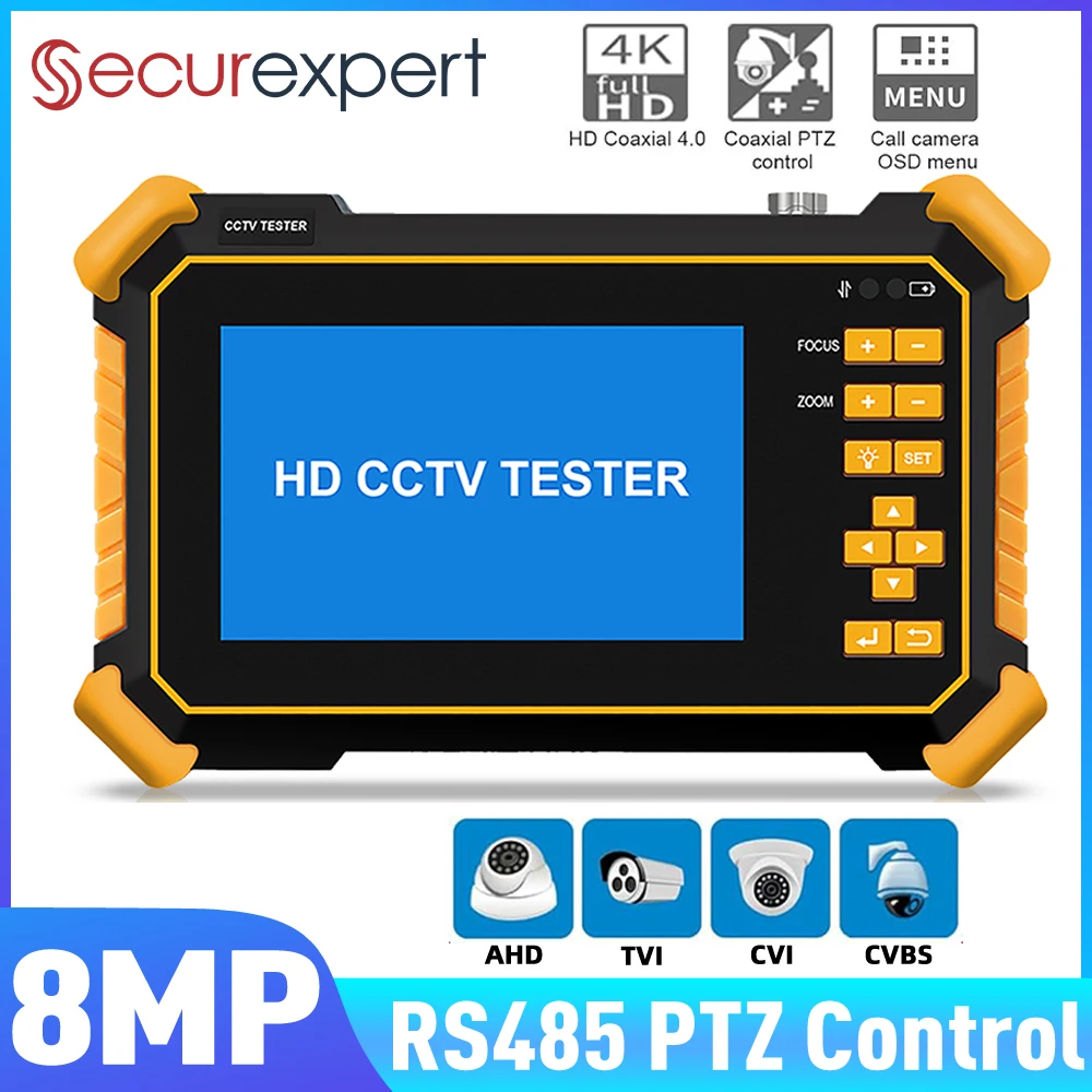 Securexpert 8MP 4.3 Inch HD Video Tester for TVI/CVI/AHD/CVBS PTZ Control Auto-Detect LED Light  Portable CCTV Installer Tool