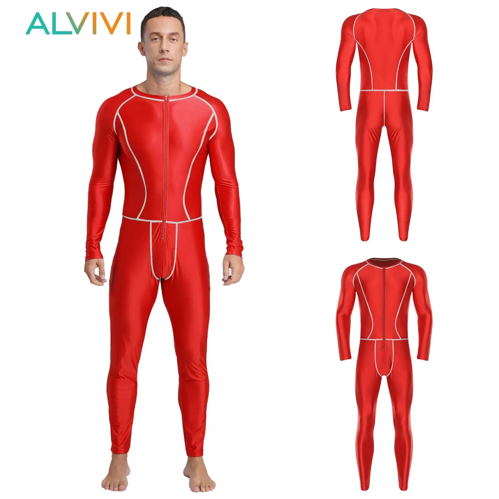 

Mens One Piece Swimsuit Glossy Slim Jumpsuit Swimming Yoga Bodysuit Seams Front Zip Long Sleeve Long Pants Compression Rompers