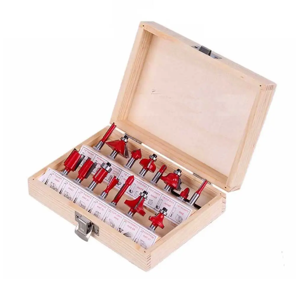 15Pcs Tungsten Carbide Router Bit Set Rotary Power Tool Accessories+Wood box 1/4-1/2 inch Shank