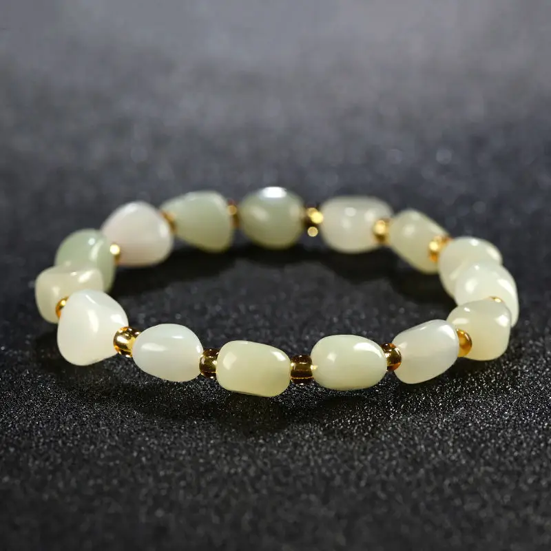 

Natural Hetian Jade Tumbled Stone Bracelet Men Women White Raw Jade Stone With Skin Nephrite Bracelets Adjustable Woven Bangle