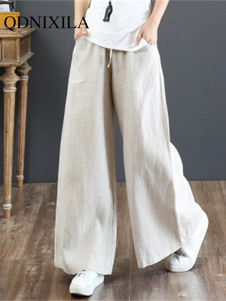 

Harem Pant Hemp Bloomer Women Pants Casual Loose Women Trouser Spring Summer Cotton Calf-length Oversize Pockets Wide Leg Pants