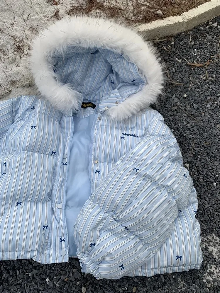 

Женское зимнее повседневное свободное пальто из хлопка American Sle Thiened с меховым воротником, толстовка в синюю полоску