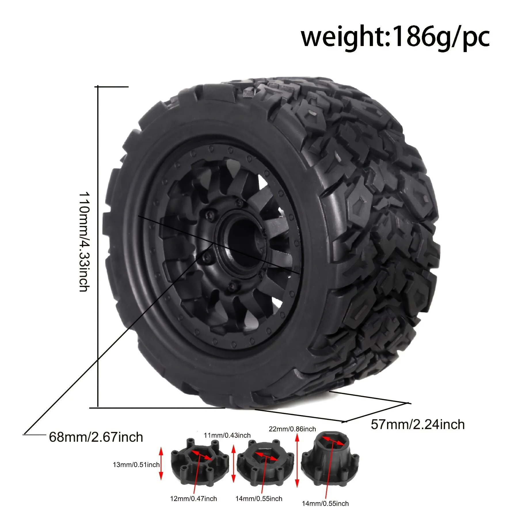 GLOBACT 1/10 RC トラック タイヤとホイール 12mm/0.47インチ 14mm/0.55インチ 交換可能な六角付き トラクサス ARRMA アキシャル Losi RC4WD HSP用