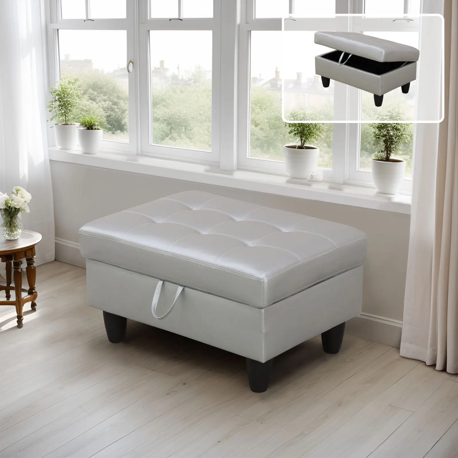 مسند تخزين جلدي شبه من جلد البولي يوريثان باللون الفضي الحديث مع أثاث مريح للتنفس لتوفير مساحة الجلوس لديكور المنزل الأنيق