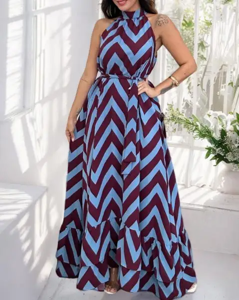 

Women's Sexy Striped Floral Print Dress 2025 Summer Female Clothing New Womens Sleeveless Lace-Up Casual Ruffle Hem Long Dresses