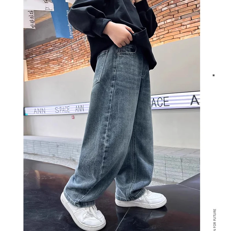 5-14Y Boys Jeans Pants Spring Kids Wide Leg Straight Trousers Autumn Loose-Fit Casual Trousers Children's Trendy Sweatpants image 2
