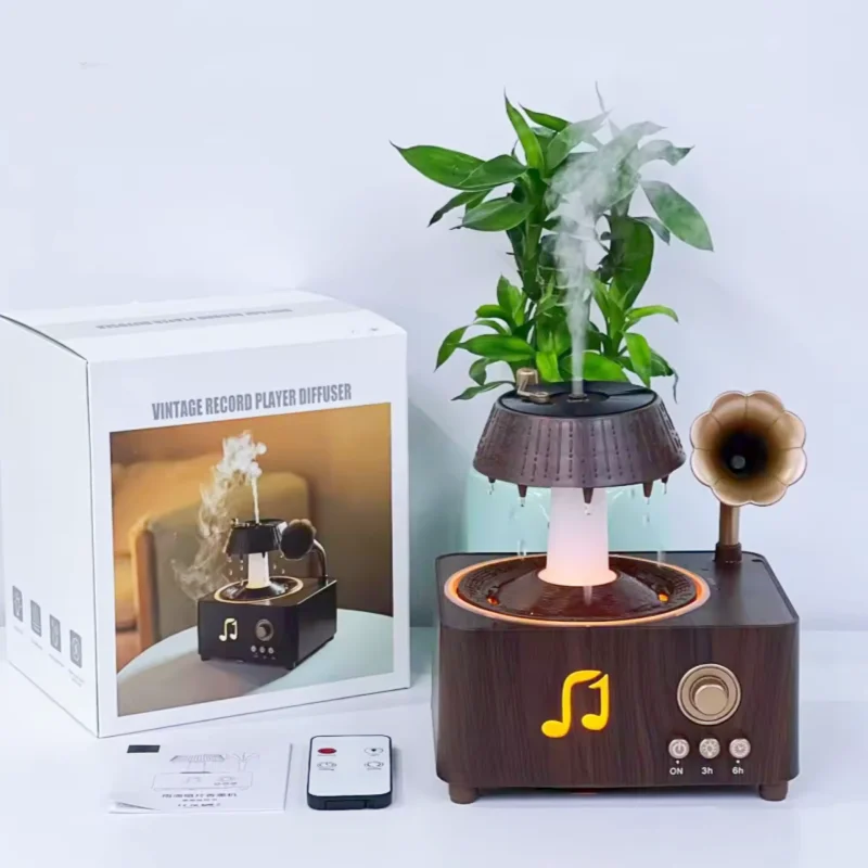 

Ретро фонограф стиль белый шум Bluetooth увлажнитель ароматического масла диффузор светодиодные лампы настроения вращающаяся капля дождя для офиса и домашнего использования