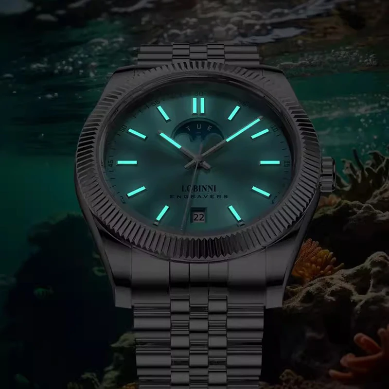 LOBINNI деловые мужские автоматические механические часы MIYOTA 8205, механизм, светящееся сапфировое стекло, водонепроницаемые часы, часы-календарь