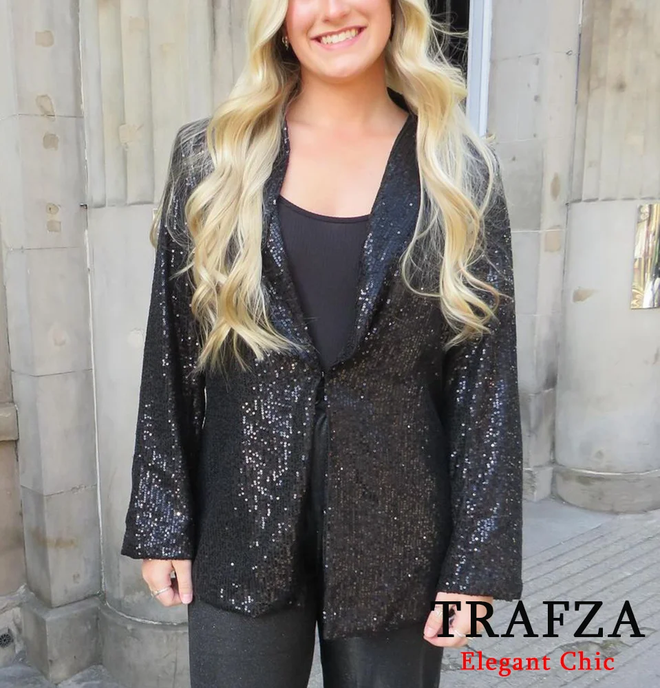 TRAFZA-Blazer de terciopelo con lentejuelas para mujer, Blazer glamuroso negro con solapa, moderno, para fiesta y cena, Otoño, 2024