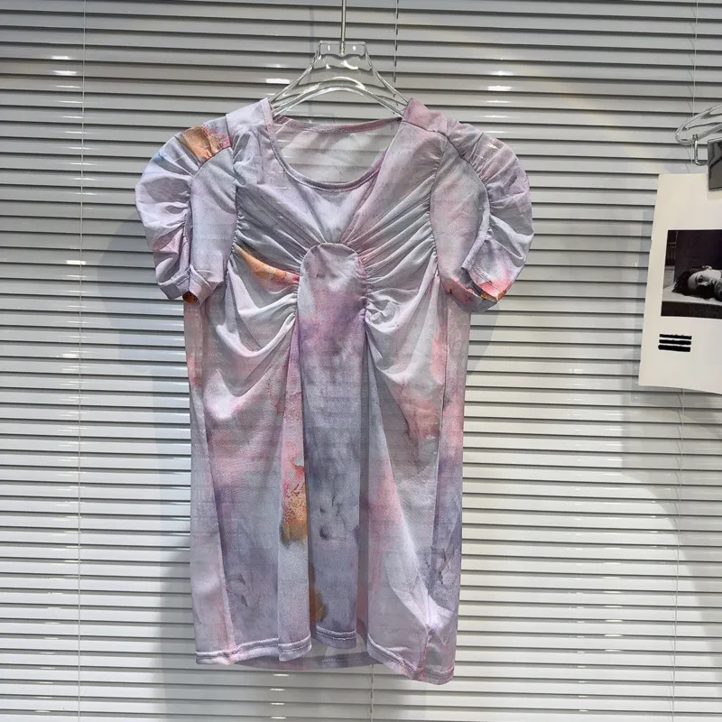 

BORVEMAYS Tie Dye Contrasting Colors Mesh T-shirt Thin O Neck Shrot Sleeve Loose Summer New Pleated Tops WZ8991