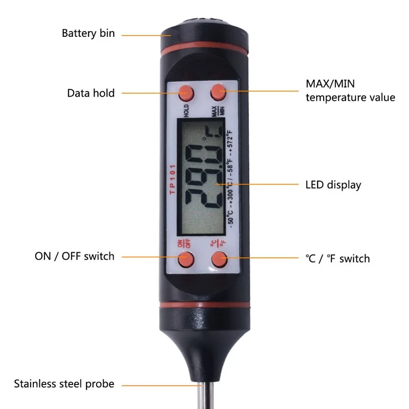 Electronic Thermometer Food Kitchen Oil Thermometer Electron Probe Liquid BBQ Baking Digital Display Temperature Pen Meter TP101