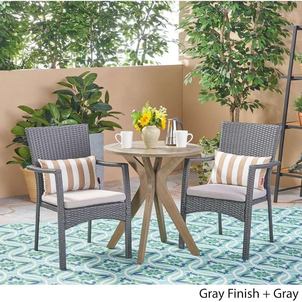 Great Deal Furniture Outdoor 3 Piece Acacia Wood and Wicker Bistro Set, Gray with Gray Chairs