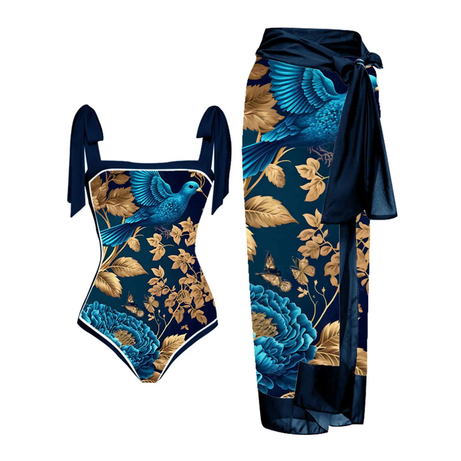 Ladies Vintage Colorblock Abstract Floral Printing 1 Piece Swimwear And 1 Piece Cover UP Swimsuit Monokini Two Piece Suits