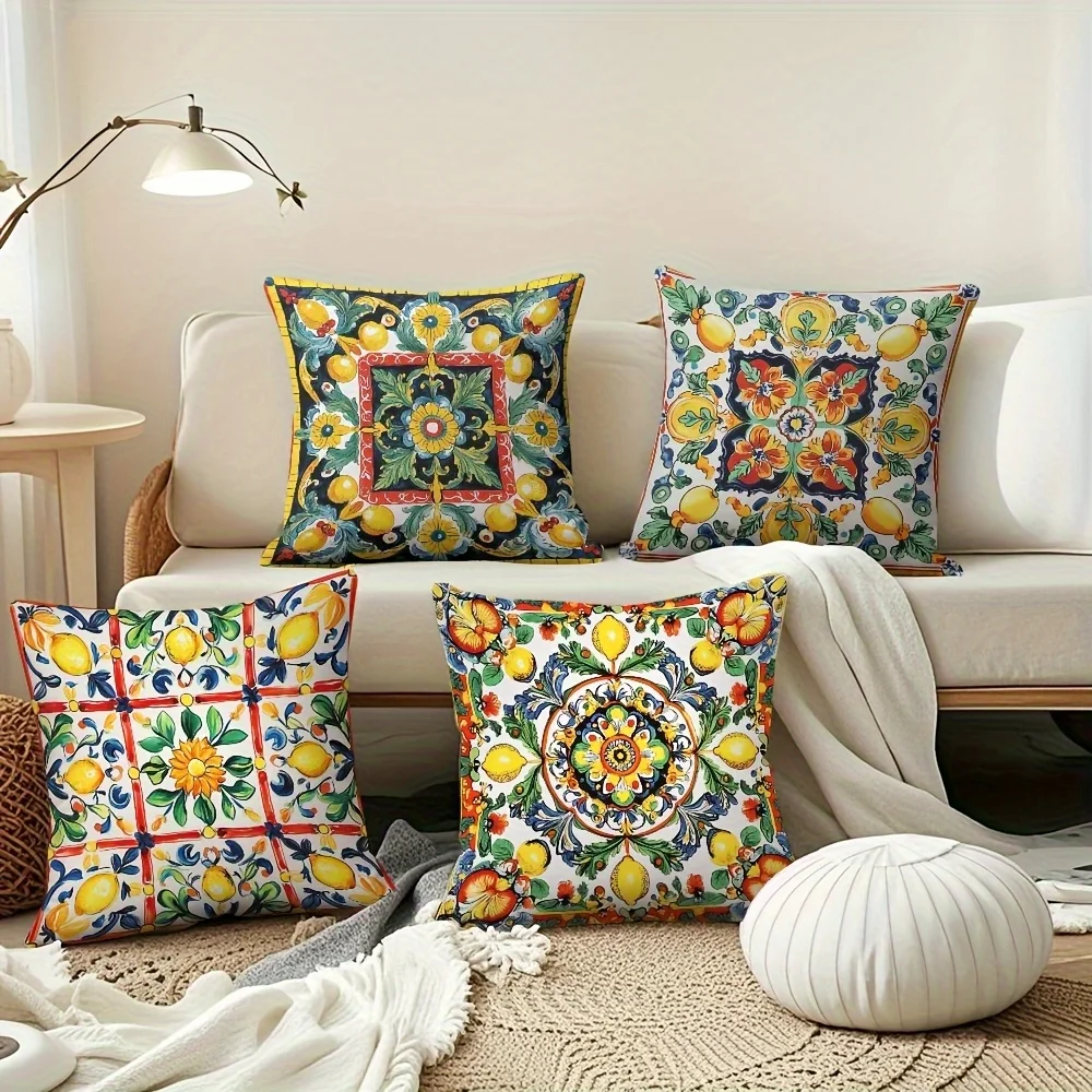 4Pcs Vintage Majolica Tile Cushion Covers Bright Lemon Citrus Bloom Floral Geometric Pillow Cases For Sofa Elegant Mediterranean