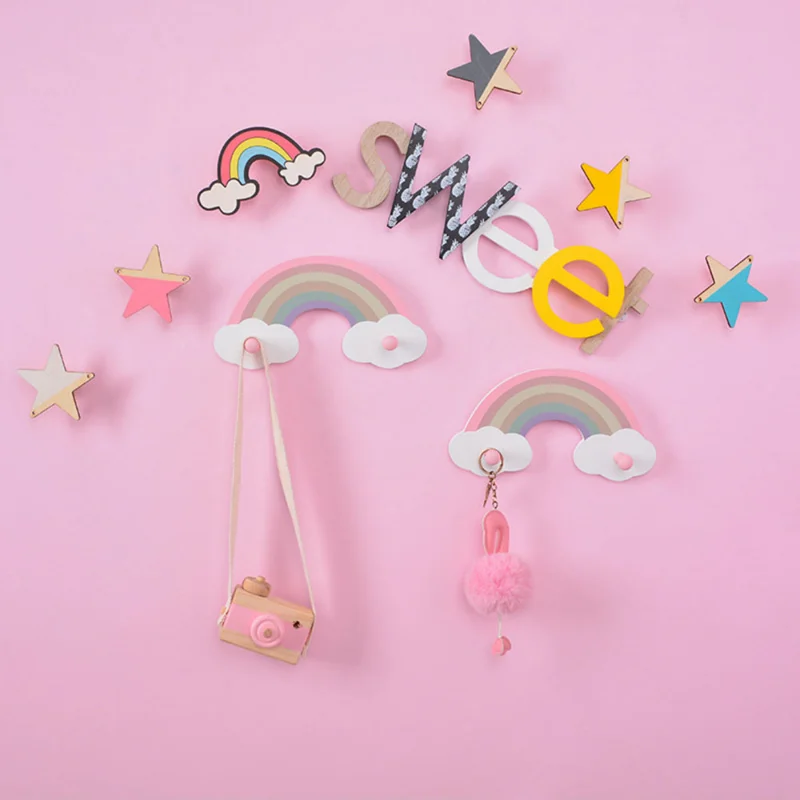 Cute Rainbow Kids Room Hook Wall Mounted Key Holder Wood Wall Hanger Girls Bedroom Decoration Hooks Clothes Sundries Organizer