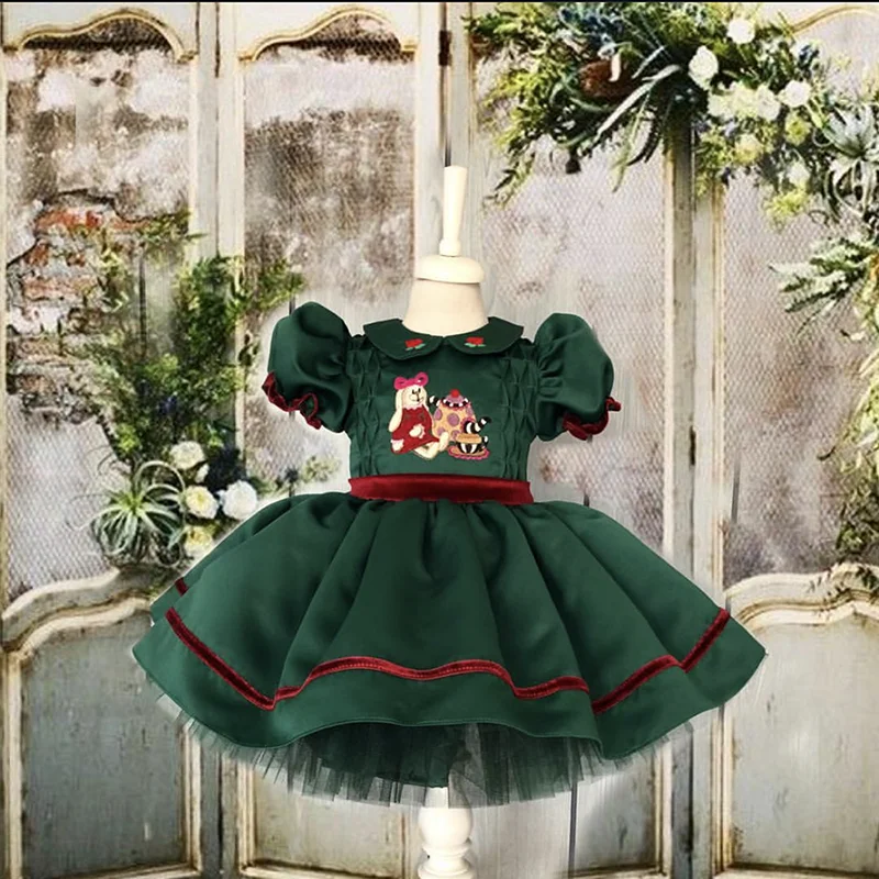 Baby Girl Autumn Winter Green Bear Embroidery Vintage Turkish Princess Ball Gown Dress for Photography Birthday Party Christmas