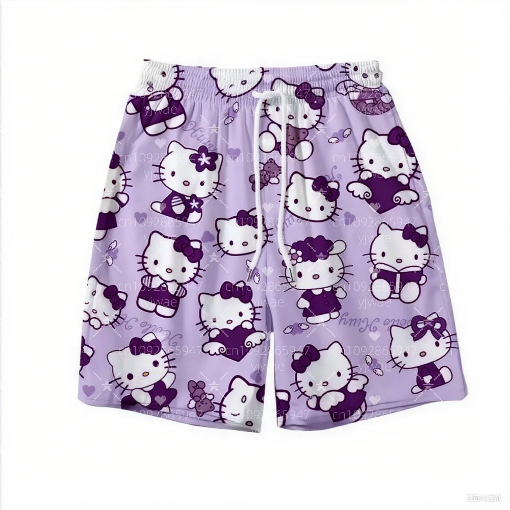 2025 女性の夏の水泳女性 3D ハローキティプリントビーチショーツプラスサイズ女性デイリーショーツカジュアルトランクスショーツ