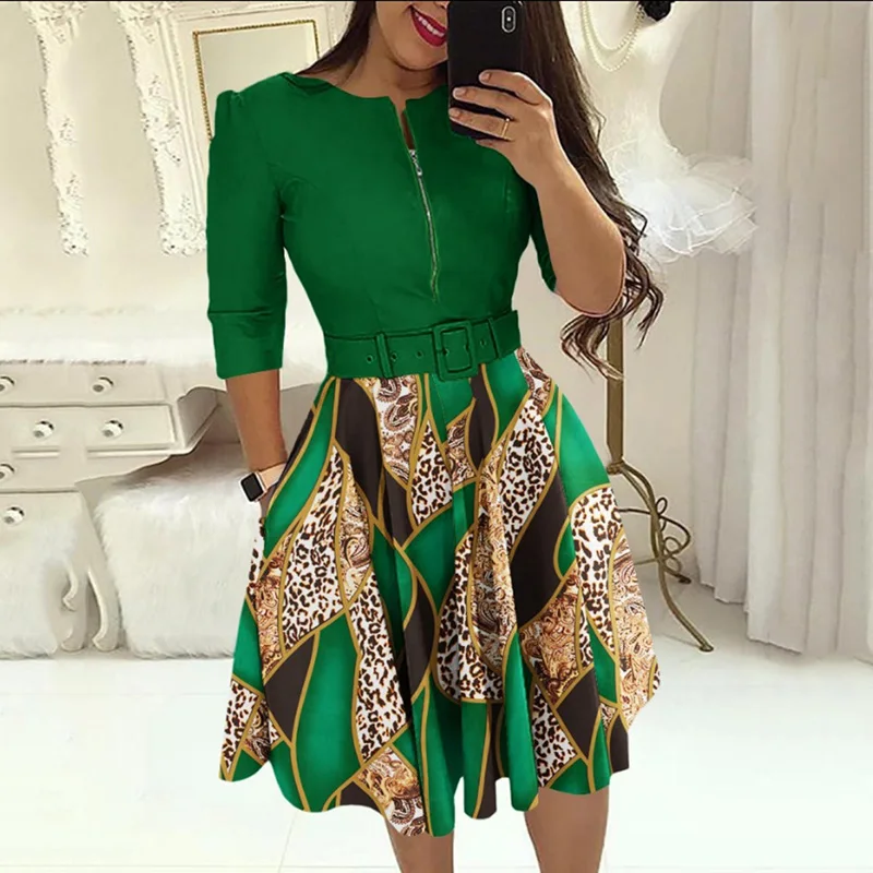 

2023 Summer New Women Dress Sexy Zipper O-Neck Half Sleeve with Belt Print Vestidos Fashion Elegant Casual High Waist Dress