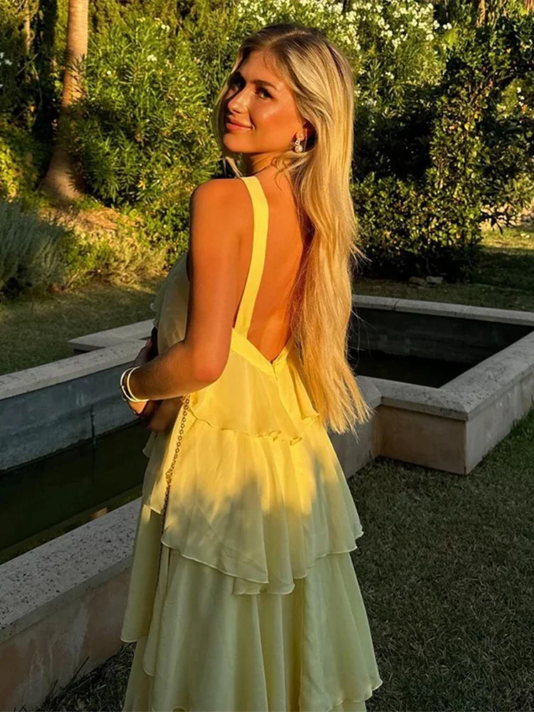 Ruffles Halterชุดผู้หญิง 3Dดอกไม้แขวนคอBackless Fluffy Baggy Robes Elegant Beachสายคล้องคอชีฟองชุดยาว