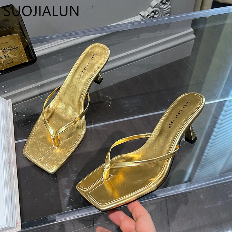 SUOJIALUN 2023 Summer Thin High Heel Women Slipper Fashion Narrow Band Slip On Ladies Flip Flop Outdoor Dress Sandal Slides Shoe