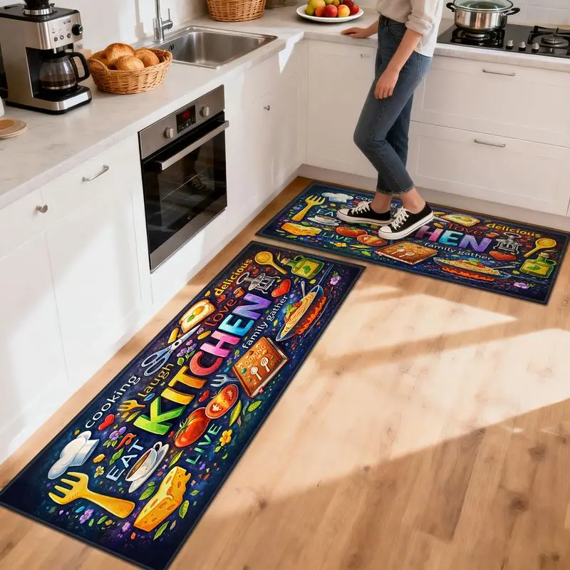 VIKAMA Colorful Artistic Graffiti Area Rug, KITCHEN Letter, Food, and Kitchenware Print Non-Slip Kitchen Rug, Hallway Home Decor