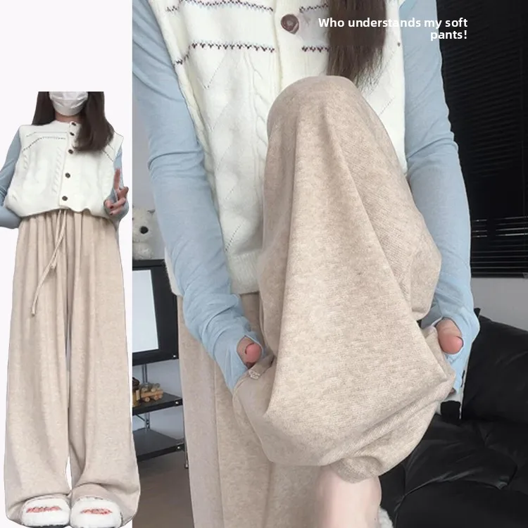 Pantalones coreanos de punto con forma de pastel de arroz para mujer, pantalones de pierna ancha de cintura alta, versátiles, informales, de Color puro, para ir al trabajo, Otoño e Invierno