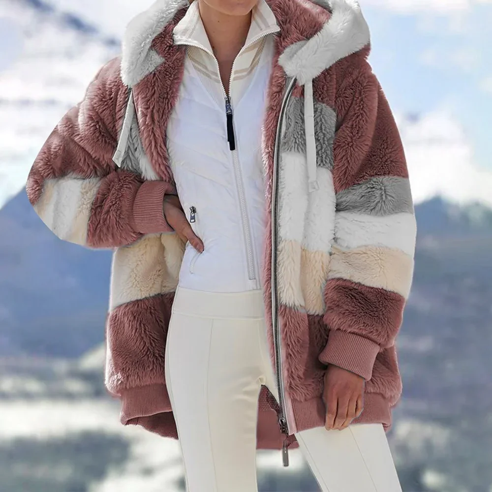 

Winter Women Jacket Warm Plush Casual Loose Hooded Coat Mixed Color Patchwork Winter Outwear Faux Fur Zipper Ladies Parka Coat