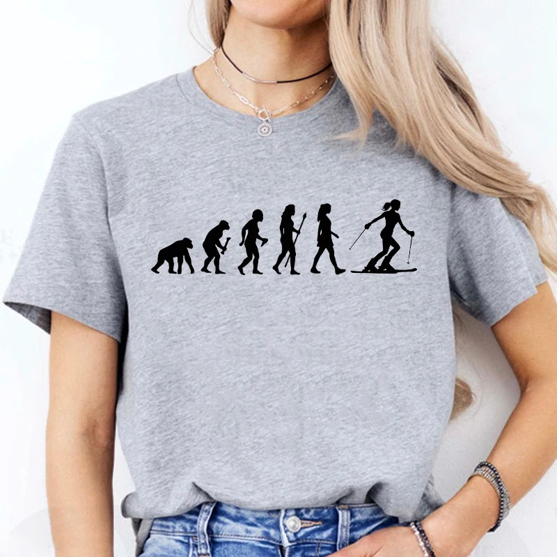 Evolution of Skiing Women's T-shirt Simple Casual Female Short Sleeve Tees Shirt Fashion Graphic Y2K Tops Gifts for Ski Lovers