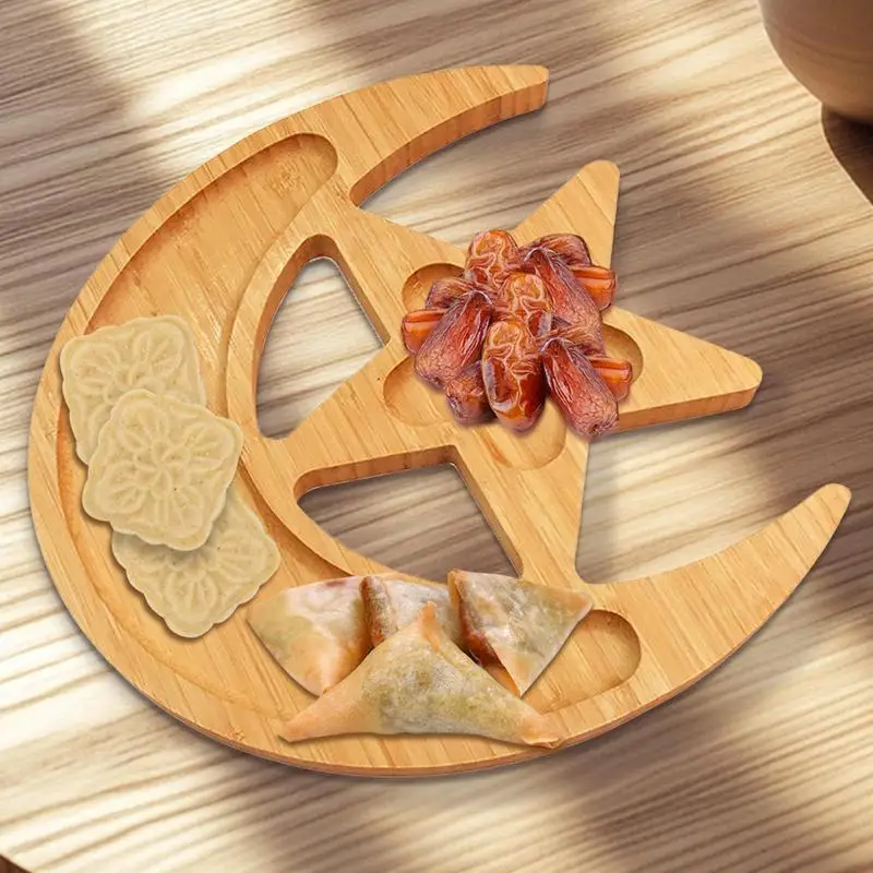 Wood Serving Tray Eid Decorative Trays Food Tray Serving Platter Food Storage Container Wooden Moon Star Display Holder Eid