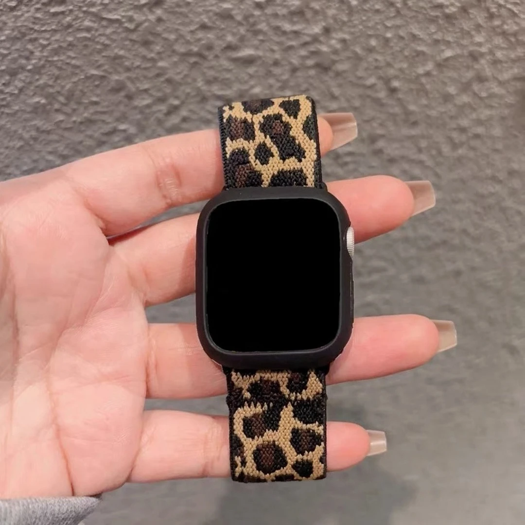 Damen Leoparden-elastisches Nylonband + Hülle für Apple Watch 10 11 42 mm 46 mm 40 mm 41 mm 45 mm 44 mm Armband iWatch Serie 9 SE 6 7 8 5 4