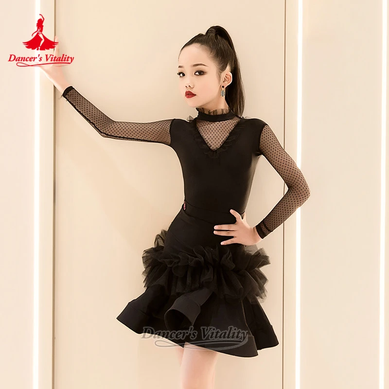 Latin Dance Long Sleeves Bodysuit+Skirt for Girls Jive Rumba Practise&Perform Suit Teenagers Chacha Clothing Dancer's Vitality
