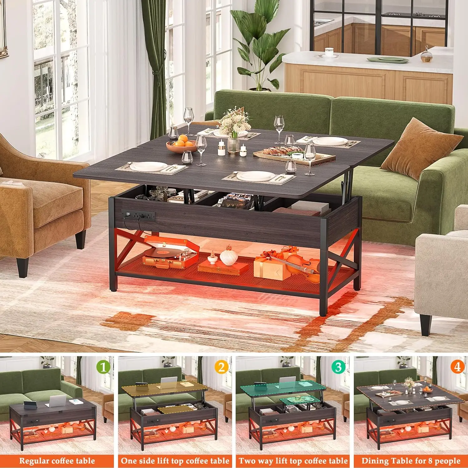 طاولة القهوة التي تحول طاولة القهوة متعددة الوظائف إلى طاولة الطعام، مع ضوء LED ومخرج طاقة، مركز