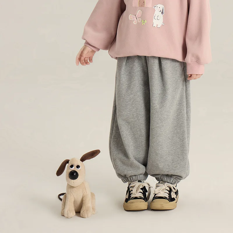 Girls Pants 2024 Winter New Childrens Wear Korean Boys and Girls Solid Color Loose Bunched Feet Sports Pants Casual Simple Daily