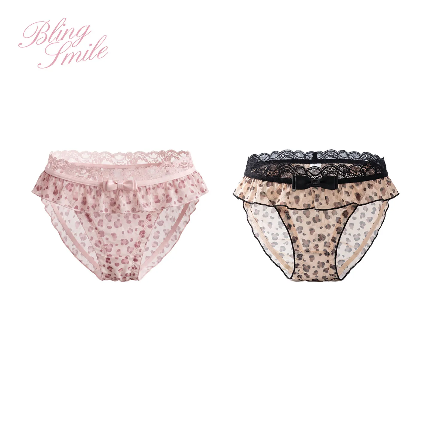 Sweet Leopard Print Women Lace Panties Bow Ruffle Trim Mesh Sheer Mid‑rise Briefs Cute Lolita Style Soft Underwear For Ladies