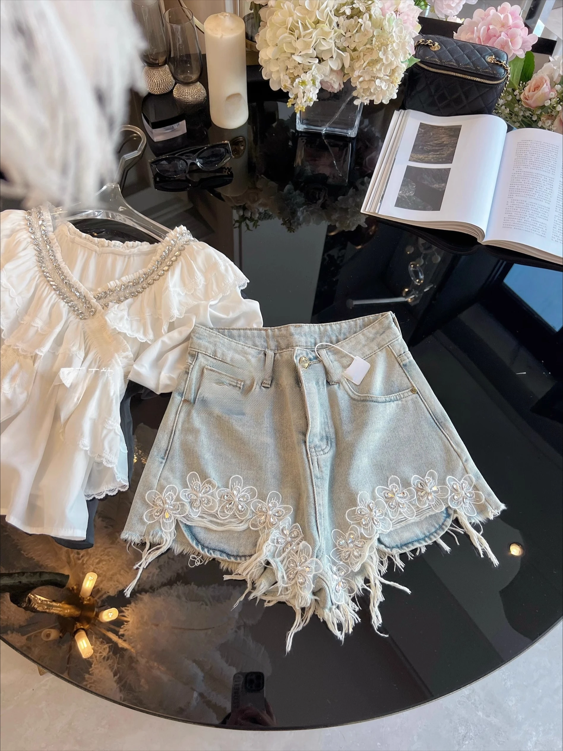 Fashion Tassels Denim Shorts Women's Clothing 2025 Summer New Diamond-encrusted High-waist Wide-leg Shorts Ladies Short Pants
