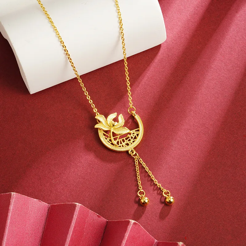 Luxury 24K 9999 Pure Gold real gold Women's Flower Screen Tassel Necklace Hollow Lotus Pendant Necklace
