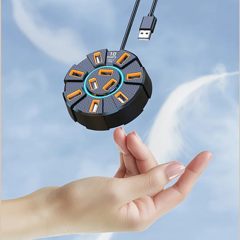 1 قطعة محور USB ملون 10 منافذ مع ضوء محيط، مادة ABS، توصيل وتشغيل، جهد تشغيل ≥36 فولت، لا يتطلب بطارية