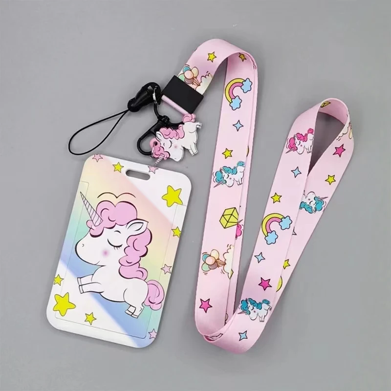 Linda funda con cordón de unicornio para identificación, Soporte para tarjeta, funda para teléfono móvil, funda de crédito bancaria, correa para el cuello para niñas, estudiantes adolescentes