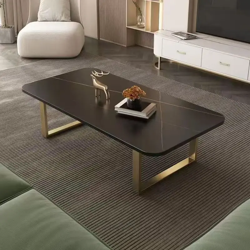 #Contemporary Nordic Rectangular Coffee Table Durable Sintered Stone Top & Metal Base Stylish Living Room Furniture for Home Use