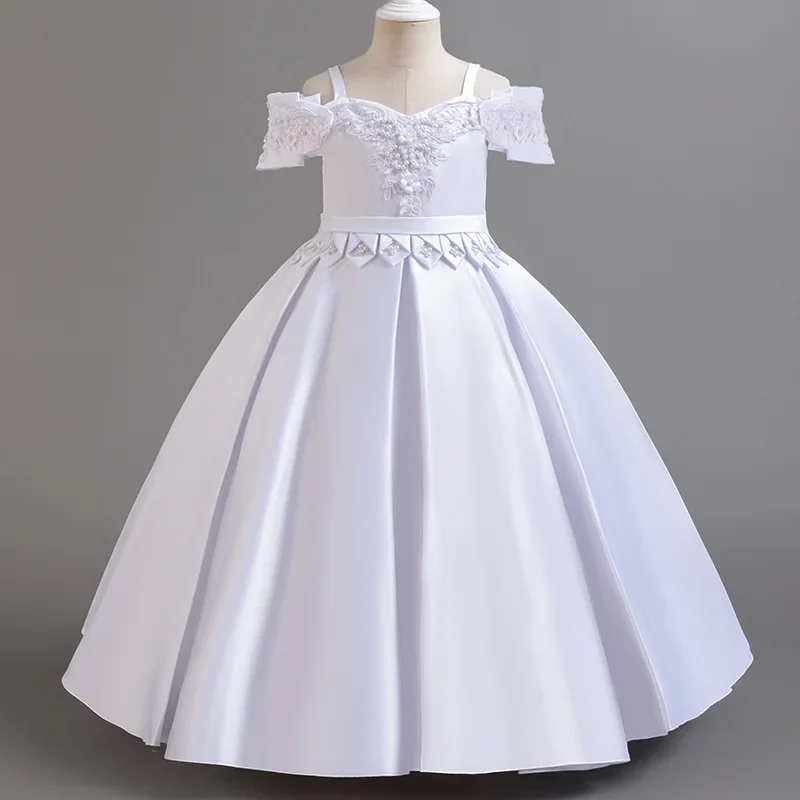 Custom Flower Girl Dress Wedding Party Pageant Catwalk Off Shoulder Lace Pink Satin Kids Gown فساتين اطفال