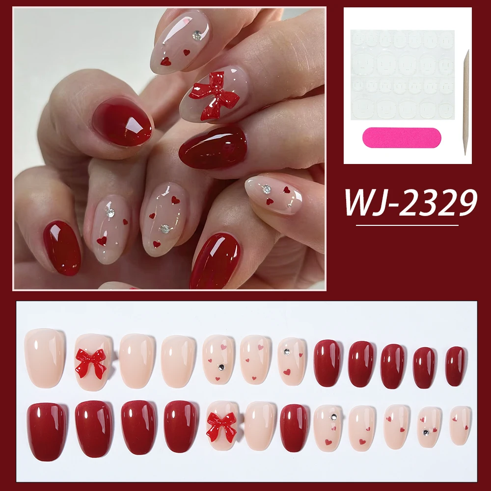 24個入り ショートオーバルボウ ラインストーンデザインチップ付き プレスオンネイル ショートフィット パーフェクトアクリル付け爪セット内容：1個 ジェリーグルー