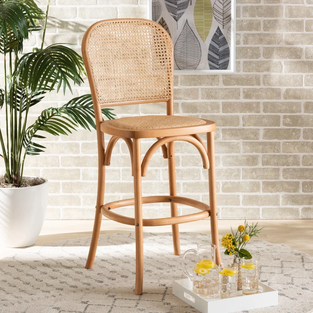 Natural Rattan Seat Bar Stool Solid Wood Frame Stackable Design Fully Assembled High Stability Comfortable Lounge Furniture
